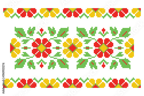 Pixel art floral motif from Ukrainian Lviv region embroidery tradition. Ornament set features red and yellow flowers with green leaves