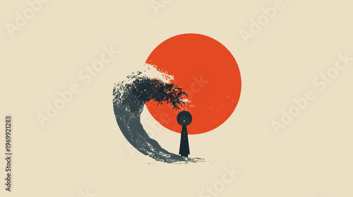 Simplified illustration featuring a rising red sun, an stylized wave, and a dark keyhole silhouette