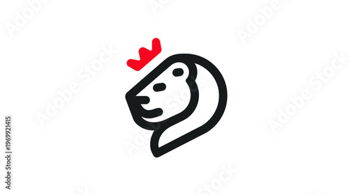A regal lion head with a red crown. Simplistic black and red design on a white background
