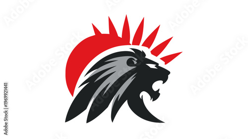 A stylized illustration of a lion's head with a flowing mane and a mohawk-like feature