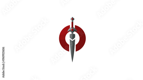 A geometric illustration featuring a sword through a red circle, set against a white background