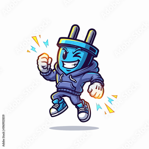 Animated Electric Plug Character Expressing Excitement.