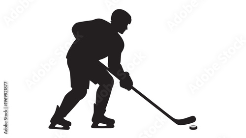 Silhouette of a Professional Ice Hockey Player Maneuvering a Puck with a Hockey Stick