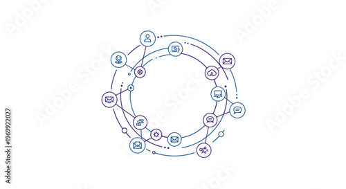 Dynamic digital network illustration showcasing interconnected technology icons, representing data flow, system architecture, and modern communication infrastructure