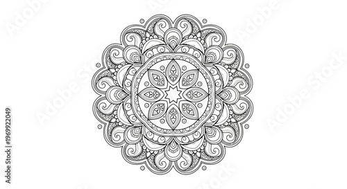 Intricate symmetrical circular pattern illustration with detailed floral and geometric elements, perfect for relaxation, zen meditation, adult coloring pages, and decorative art