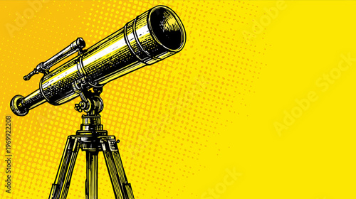A stylized illustration features a vintage telescope, set against a vibrant yellow and dot background