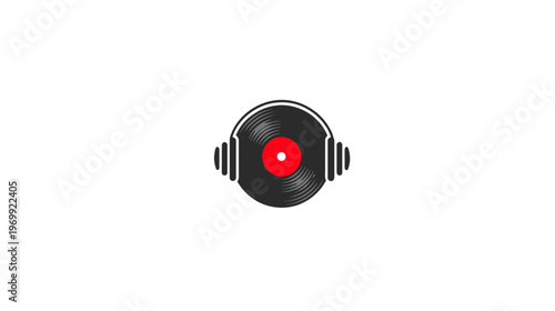 Black vinyl record with red center and headphones integrated into the design on a white background