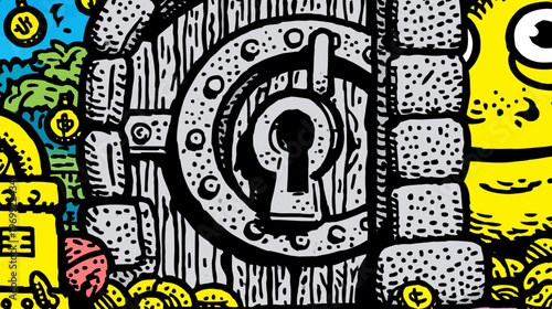 A cartoon image showing a lock, bricks, and a yellow creature with large eye, in bright colors
