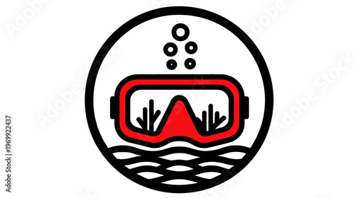 A circular image featuring a diving mask, bubbles and water. The mask is red with black outlines