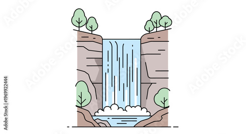 Waterfall pouring down rocky cliffside.