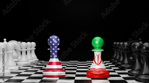 USA and Iran Flag Chess Pawns Facing Each Other on Chessboard — 3D Render of Geopolitical Power Struggle, Military Strategy and Political Conflict Concept