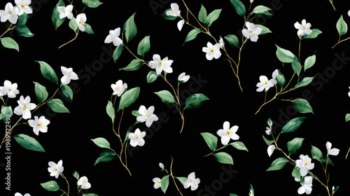 Seamless watercolor pattern with white jasmine flowers and green leaves on black background