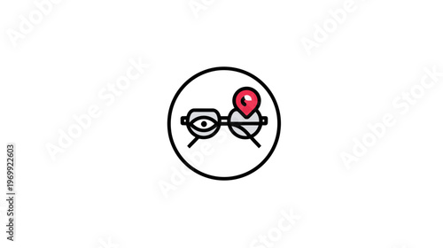 A black-outlined illustration of glasses with one visible eye and a red location marker