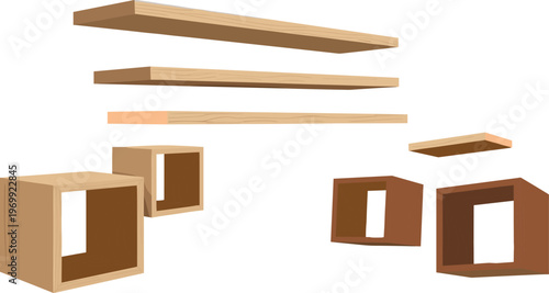 3D exploded wooden furniture parts, modular cabinet assembly concept, minimalist design, carpentry structure visualization, lay rendering isolated on white background