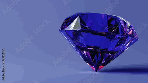 A faceted diamond gleams in shades of blue, casting reflections against a matching background