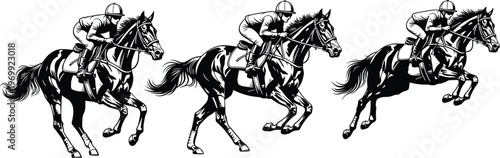 Black and white illustration of three horses and jockeys racing in a competition.