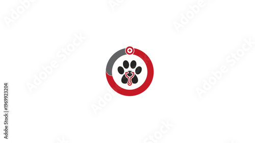 A medical graphic featuring a paw print and a stethoscope within a red and gray circle