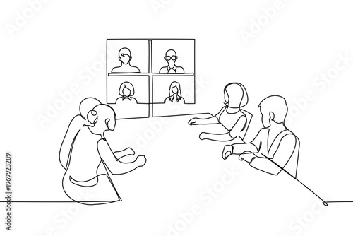 Business people in a video conference. Team having an online meeting on a screen. Minimalist continuous line drawing
