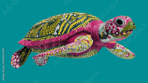 Colorful, stylized sea turtle swimming against a teal background with intricate, mosaic-like details