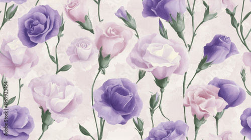 Elegant lisianthus blooms in pink and purple tones with soft watercolor texture, romantic floral seamless pattern background