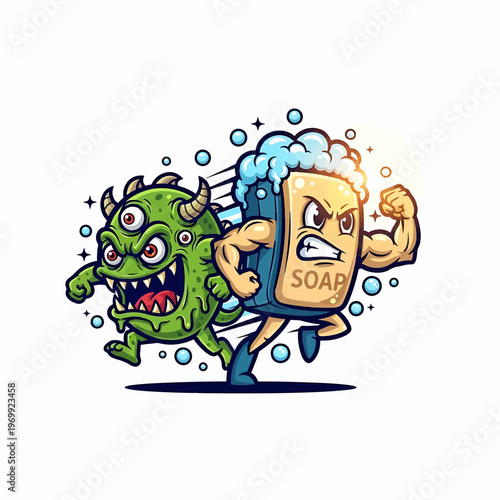 Cartoon Soap Bar Fighting Germ Monster Illustration.