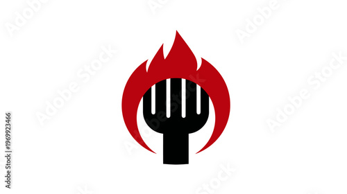 Black fork engulfed in red flames, centered on a white background, representing culinary heat