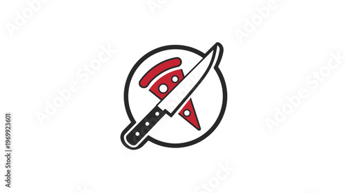 Graphic with pizza slices and a knife slicing through them, set within a black circle