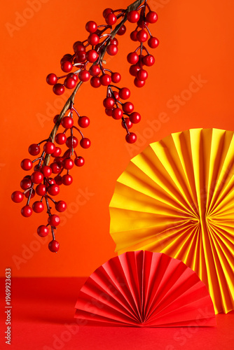 Chinese paper fans with tre...