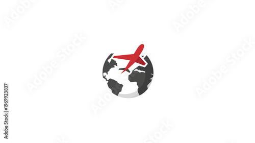 A red airplane flies over a globe on a white background, suggesting international travel