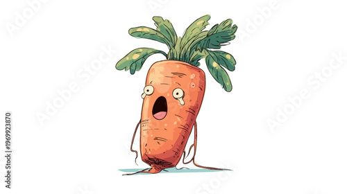 A cartoon-style illustration of an orange, anthropomorphic carrot with teary eyes