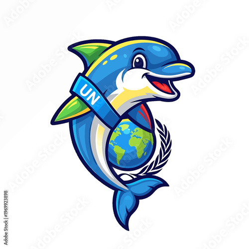 Cartoon Dolphin Wearing UN Badge with Earth.