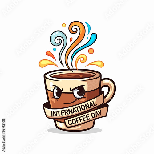 Cartoon Coffee Cup Celebrating International Coffee Day.