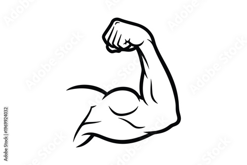 Illustration of a muscular arm flexing, showcasing strength and power with detailed bicep and forearm, black and white line art.