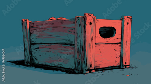 A rustic wooden crate, lit with a reddish-orange hue, sits against a teal background