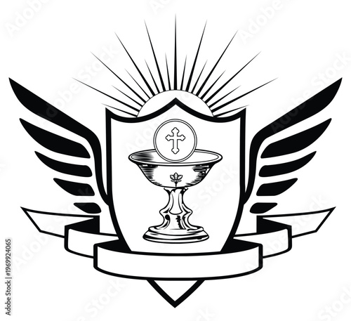Religious Shield Emblem with Holy Grail and Angel Wings