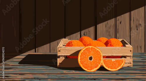 A still life of oranges in a wooden crate, bathed in sunlight. Slices are on a weathered wood table