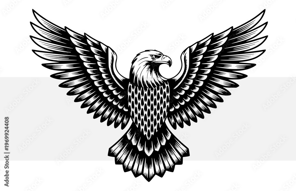 Fototapeta premium Majestic bald eagle flying, spread wings, vintage woodcut engraving style, vector patriot bird mascot, american national symbol for logo design