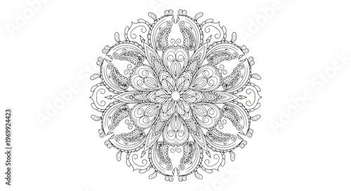 Intricate symmetrical black and white mandala illustration, featuring delicate floral and ornamental motifs. Perfect for mindful coloring, creative expression, or decorative graphic design