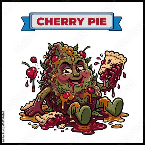 Grotesque Cartoon Cannabis Cherry Pie Character with Dripping Syrup and Dessert Theme