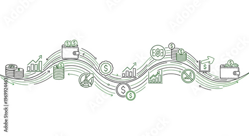 Dynamic Abstract Illustration of Financial Growth, Investment Journey, and Wealth Management Flow with Interconnected Economic Icons Representing Success and Progress
