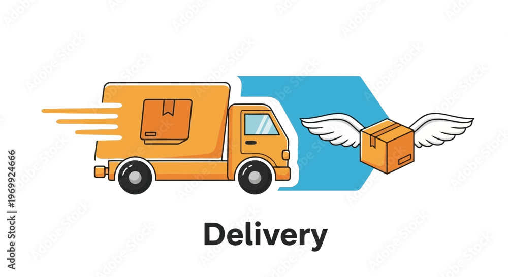 Naklejka premium Efficient express parcel delivery concept, featuring a speedy truck and a winged package, highlighting modern global logistics and quick shipping services
