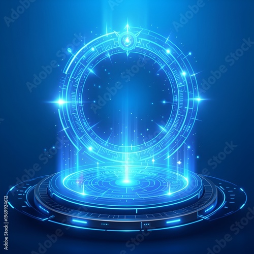 Blue hologram portal. Magic fantasy portal. Magic circle teleport podium with hologram effect. Abstract high tech futuristic technology design. Round shape. Circle Sci-fi element light and lights.
