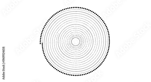 Abstract black and white concentric spiral pattern with dotted outer edge, creating a minimalist and modern geometric design suitable for technology, sound, or data visualization concepts