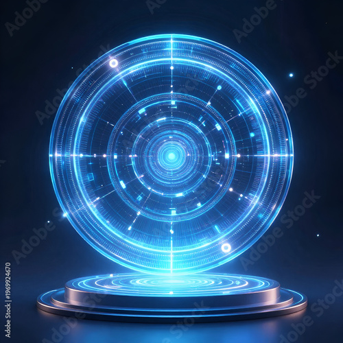 Blue hologram portal. Magic fantasy portal. Magic circle teleport podium with hologram effect. Abstract high tech futuristic technology design. Round shape. Circle Sci-fi element light and lights.