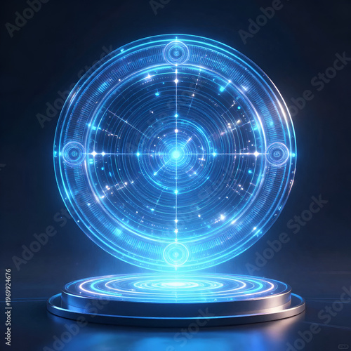 Blue hologram portal. Magic fantasy portal. Magic circle teleport podium with hologram effect. Abstract high tech futuristic technology design. Round shape. Circle Sci-fi element light and lights.