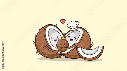 Family of coconut characters including two halves and a small baby coconut with a crown share a warm hug.