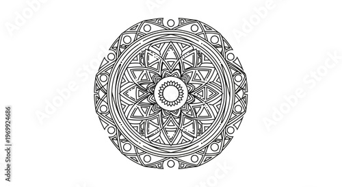 Intricate circular mandala-like geometric pattern in black and white, symbolizing balance and harmony
