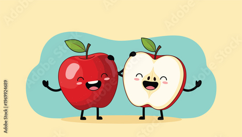Shiny red apple and a fresh apple half with happy faces hold hands against a soft teal and cream background.