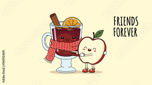 Cute mulled wine character wearing a red scarf shares a warm hug with a happy apple slice under a friends forever banner.