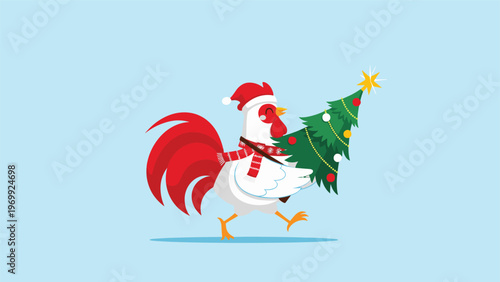 Cheerful rooster wearing a red Santa hat and scarf carries a decorated Christmas tree across a light blue background.